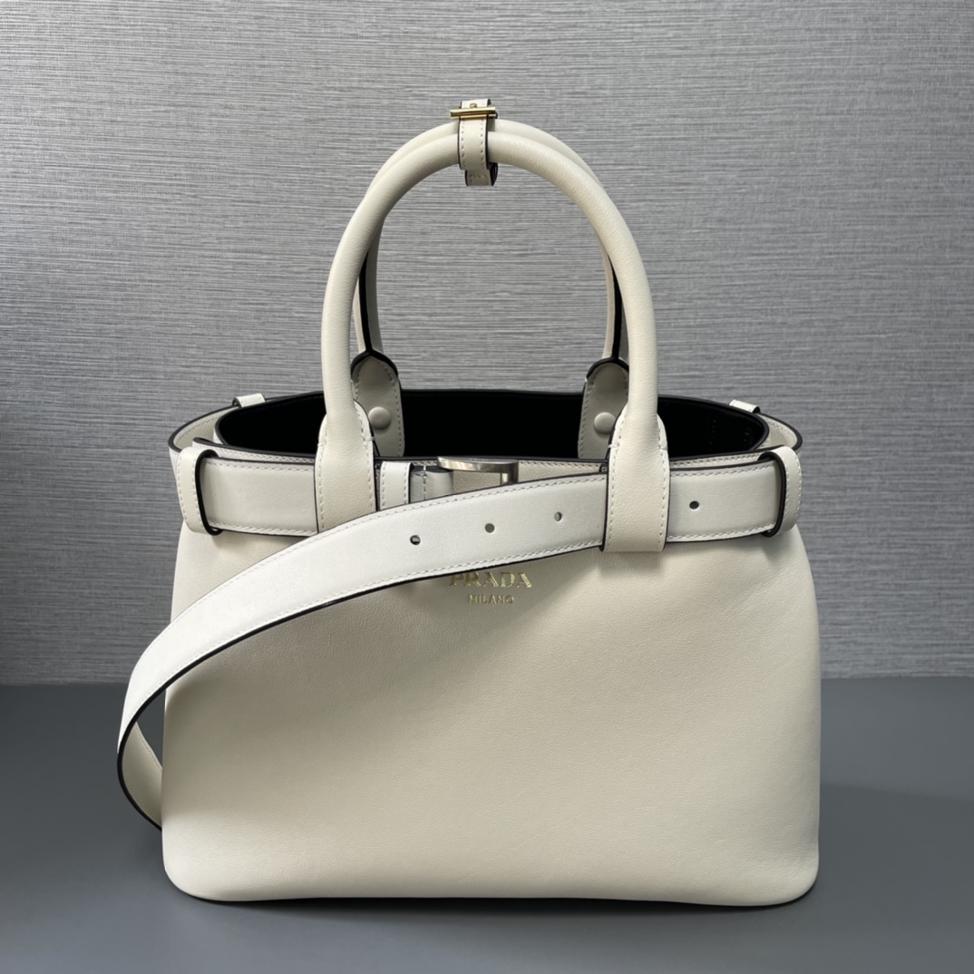 Prada Medium Buckle Leather Handbag Shoulder Bag With Belt White 1BA434